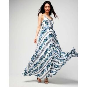 WHBM White Blue Paisley Adjustable Strap Pleated Waist Tie Maxi Dress